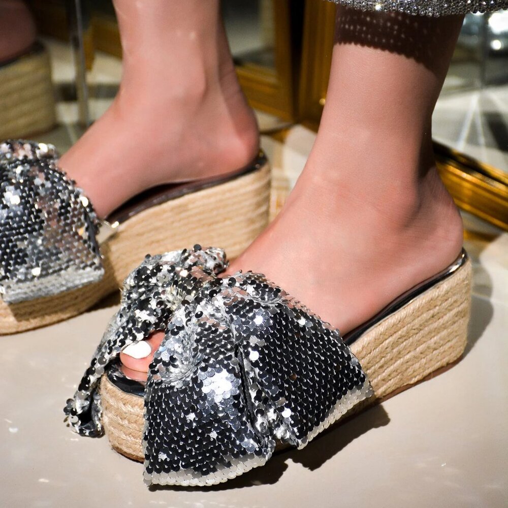 Silver Sequin Platform Wedge w/ Bow - Picture 4 of 4